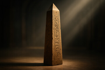 Ancient Egyptian obelisk illuminated by dramatic light in a dark room