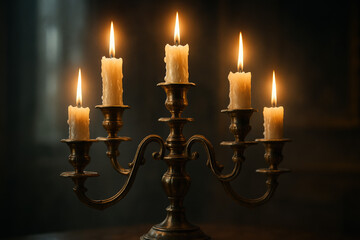 Elegant candelabra with lit candles in a dimly lit room