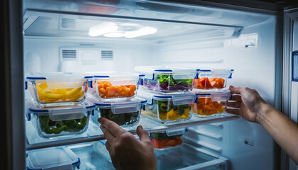 Efficient Organization of Fresh Vegetables in Meal Prep Containers Stored in Modern Refrigerator