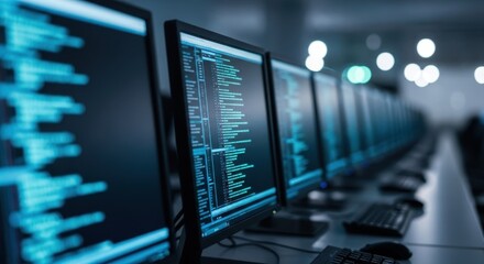 Row of computer monitors displaying blue code in a modern data center