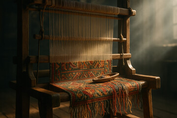 Antique wooden loom with woven textile and traditional craftsmanship