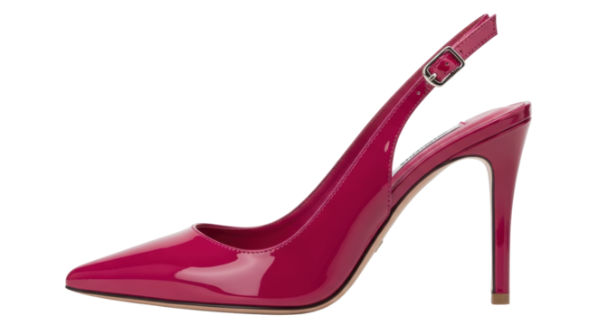 Isolated magenta slingback patent leather stiletto heel shoe with buckle, fashion footwear - Powered by Adobe