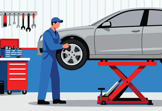 A mechanic in blue overalls checks a car tire lifted by a red jack in a workshop, tools hanging