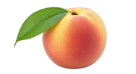 Isolated fresh ripe peach with a green leaf, summer fruit, healthy eating, food product