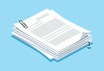 An isometric view of a stack of documents on a blue background, held together by a paperclip and a paper weight