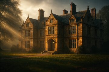 Dramatic view of a historic manor house with golden sunlight and a green lawn