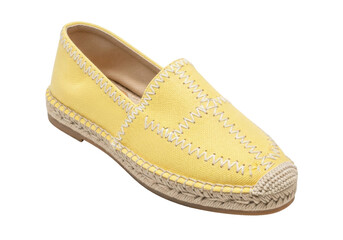 Isolated Espadrille shoe with yellow canvas and stitched jute sole on neutral backdrop