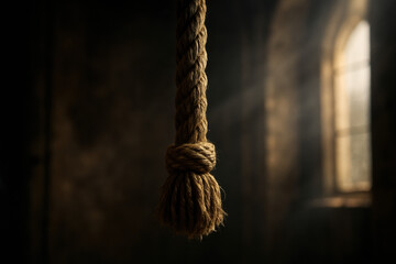 Close-up of a thick rope hanging in a dimly lit room with a window
