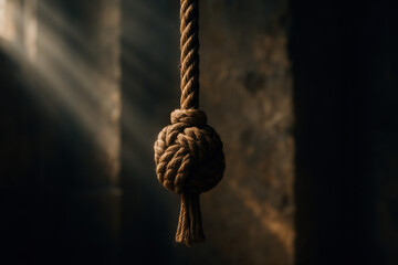 Close-up of a knotted rope with dramatic lighting and a dark background