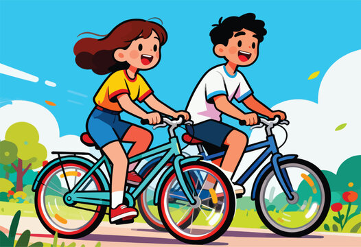 A vibrant cartoon depicts two smiling individuals riding bicycles on a sunny day with playful style