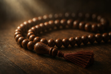 Wooden prayer beads with tassel on a rustic wooden surface