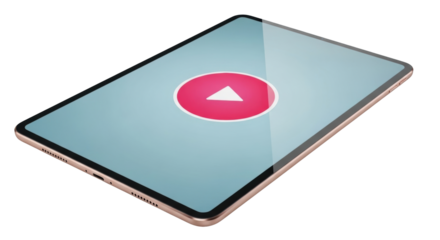 Isolated tablet device showing video play button is displayed on the screen in a digital style