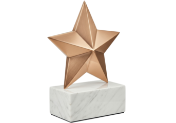 Isolated award in shape of golden star on white marble base, reward and recognition