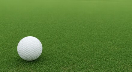 A single white golf ball sits on the lush green grass of a golf course