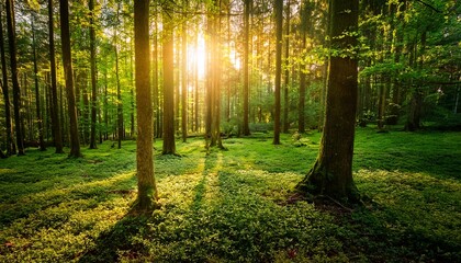 Fototapeta premium Lush Green Forest Illuminated By Golden Sunlight Piercing Throug
