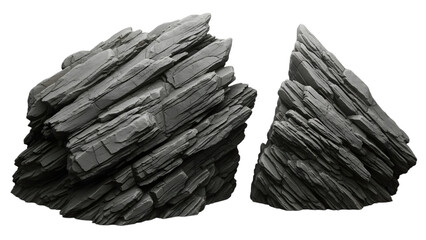 Monochrome rock formation isolated on black background showing texture and layers