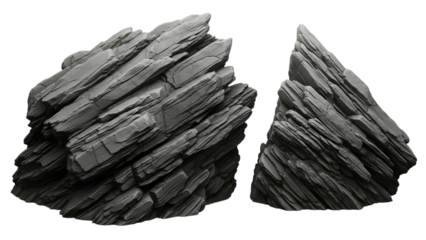 Monochrome rock formation isolated on black background showing texture and layers