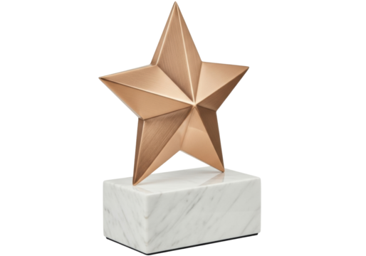 Isolated award in shape of golden star on white marble base, reward and recognition