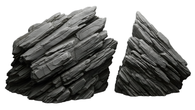 Monochrome rock formation isolated on black background showing texture and layers