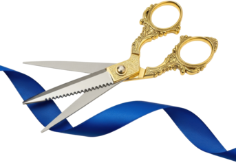 Isolated fancy, vintage scissors cutting a royal blue ribbon, a grand opening ceremonial event