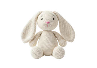 Isolated Plush bunny toy for kids, cute knitted stuffed rabbit toy animal, Easter gift idea