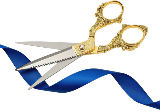 Isolated fancy, vintage scissors cutting a royal blue ribbon, a grand opening ceremonial event