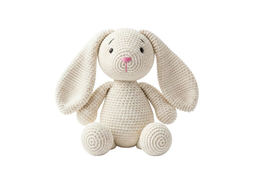 Isolated Plush bunny toy for kids, cute knitted stuffed rabbit toy animal, Easter gift idea