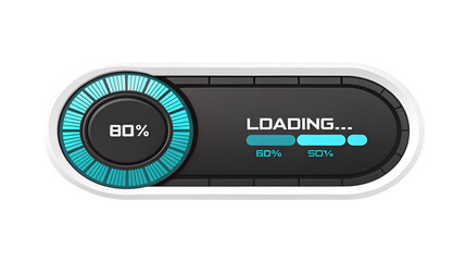 Capsule shaped progress bar element featuring a dark futuristic design and bright cyan loading indicators isolated on transparent background