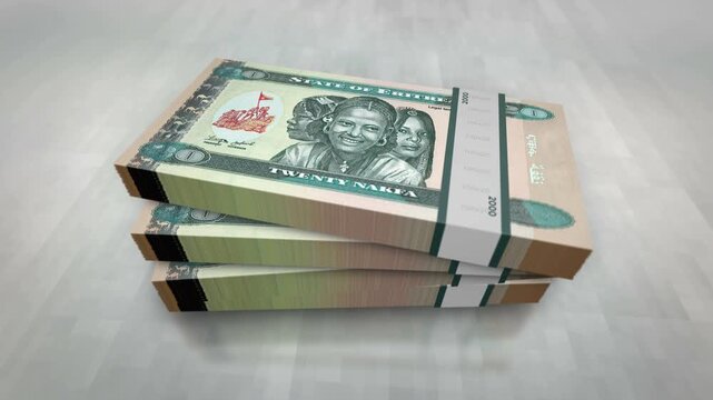 Eritrea Nakfa Eritrean money pile pack. Concept background of economy, banking, business, crisis, recession, debt and finance. 20 ERN banknotes stacks 3d.