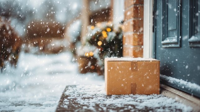 Winter package delivery a brown cardboard box on a snowy porch step with falling snowflakes and festive background