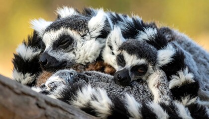 Fototapeta premium Two ring-tailed lemurs cuddling together on a branch, their black and white tails visible against a blurred background