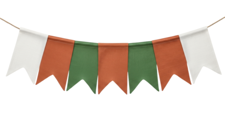Isolated decorative pennant banner, garland or bunting of green, orange and white colors