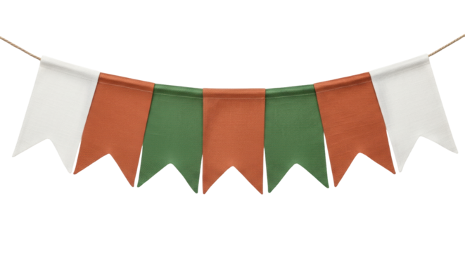 Isolated decorative pennant banner, garland or bunting of green, orange and white colors