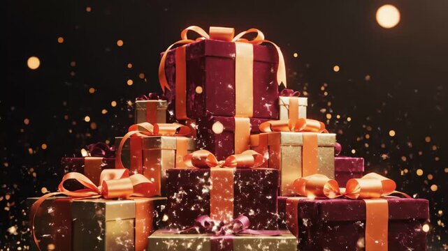 Stacked Gift Boxes with Orange Ribbons - A stack of decorative gift boxes are piled high against a dark background, adorned with glowing orange ribbons.