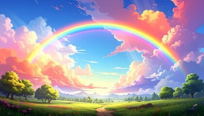A vibrant rainbow arches over a lush green meadow, with fluffy clouds and a bright, sunny sky above