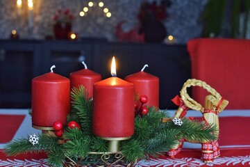 First Advent. The first candle of four is lit.  Tradition before Christmas.