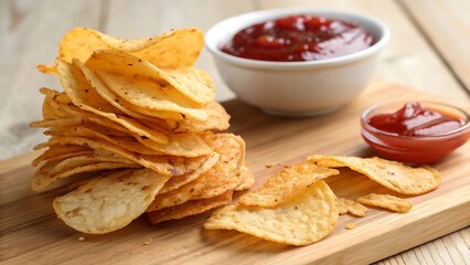 Potato Chips With Ketchup on wood Background