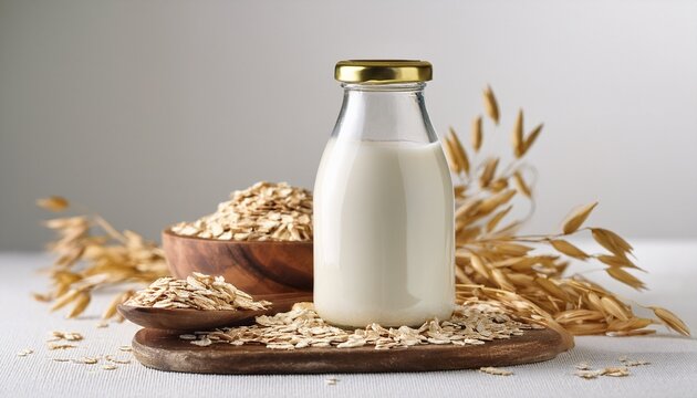 Glass Bottle Of Vegan Oat Milk With Oat Flakes On Neutral Background