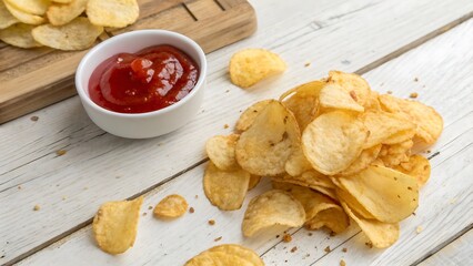 Potato Chips With Ketchup on wood Background