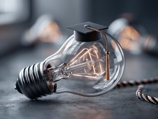 Light bulb with graduation cap on dark background. Education concept. 3D Rendering