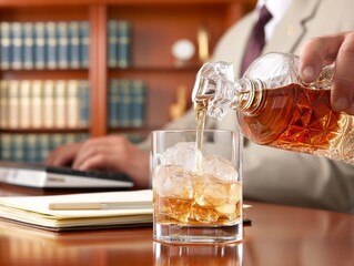 Man pouring whiskey into glass with ice cubes on the table in office