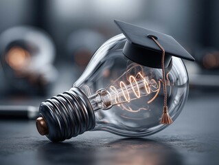 Light bulb with graduation cap on dark background. Education concept. 3D Rendering