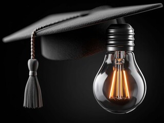 Light bulb with graduation cap on dark background. Education concept. 3D Rendering