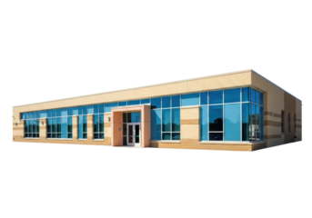 Isolated school building with many windows, front view in daytime, on bright sunny day