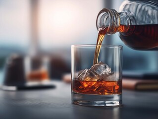 Pouring whiskey into glass with ice cubes on wooden table, closeup