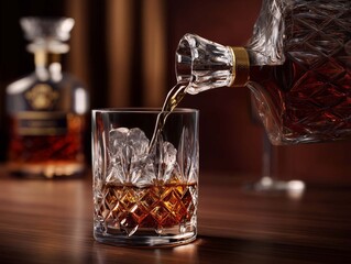 Whiskey on the rocks in a glass with ice cubes.