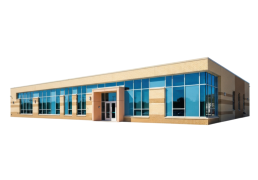 Isolated school building with many windows, front view in daytime, on bright sunny day