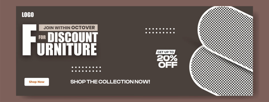 Modern discount furniture sale advertisement with 20 percent off offer and stylish interior design elements