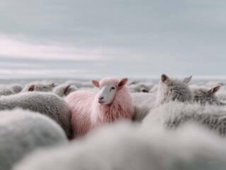 A flock of white sheep standing next to each other. In the center is a single pink sheep, seen from the side.