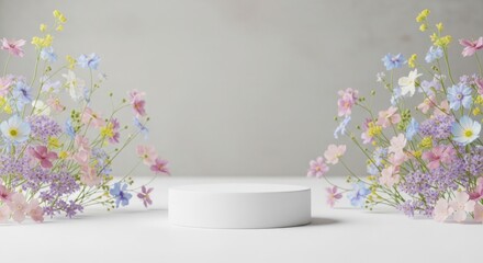 Soft pastel floral arrangement framing a minimalist white pedestal for product display